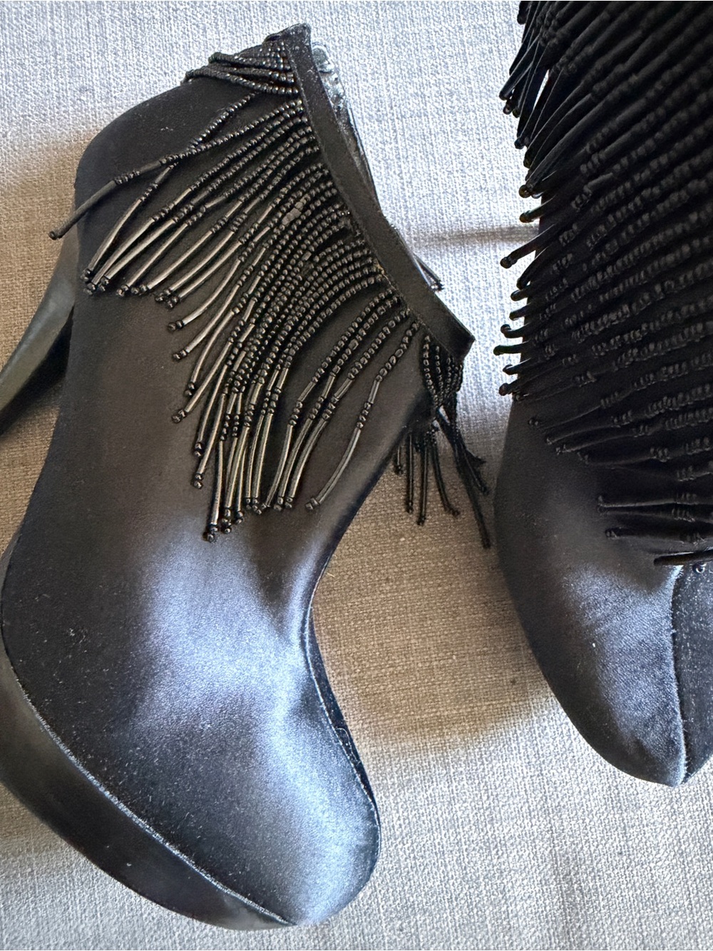 BCBG MaxAzria Fringed Black Satin Women's High Heel Booties SIZE 6/36